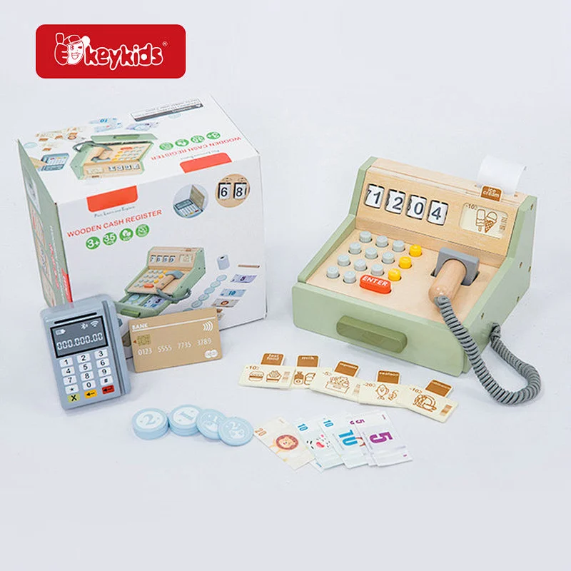 Montessori Wooden Cash Register Toy Set Supermarket Pretend Play with Shopping Accessories, Educational Role Play W10A258